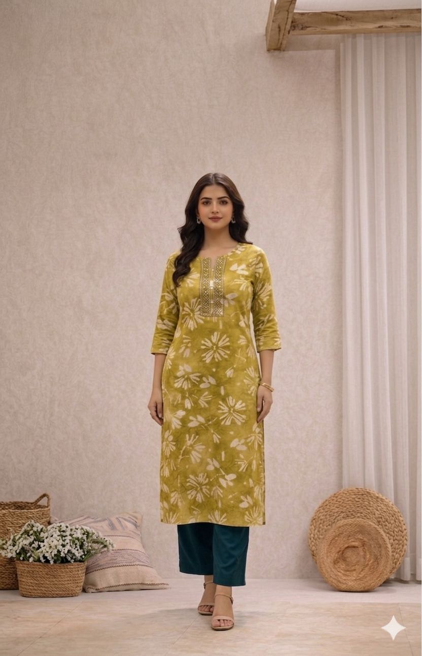 LAEMEEO Green Floral Printed Rayon Kurti