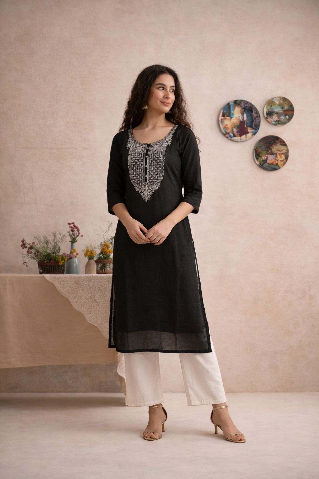 LAEMEEO Black Embroidered Kurti