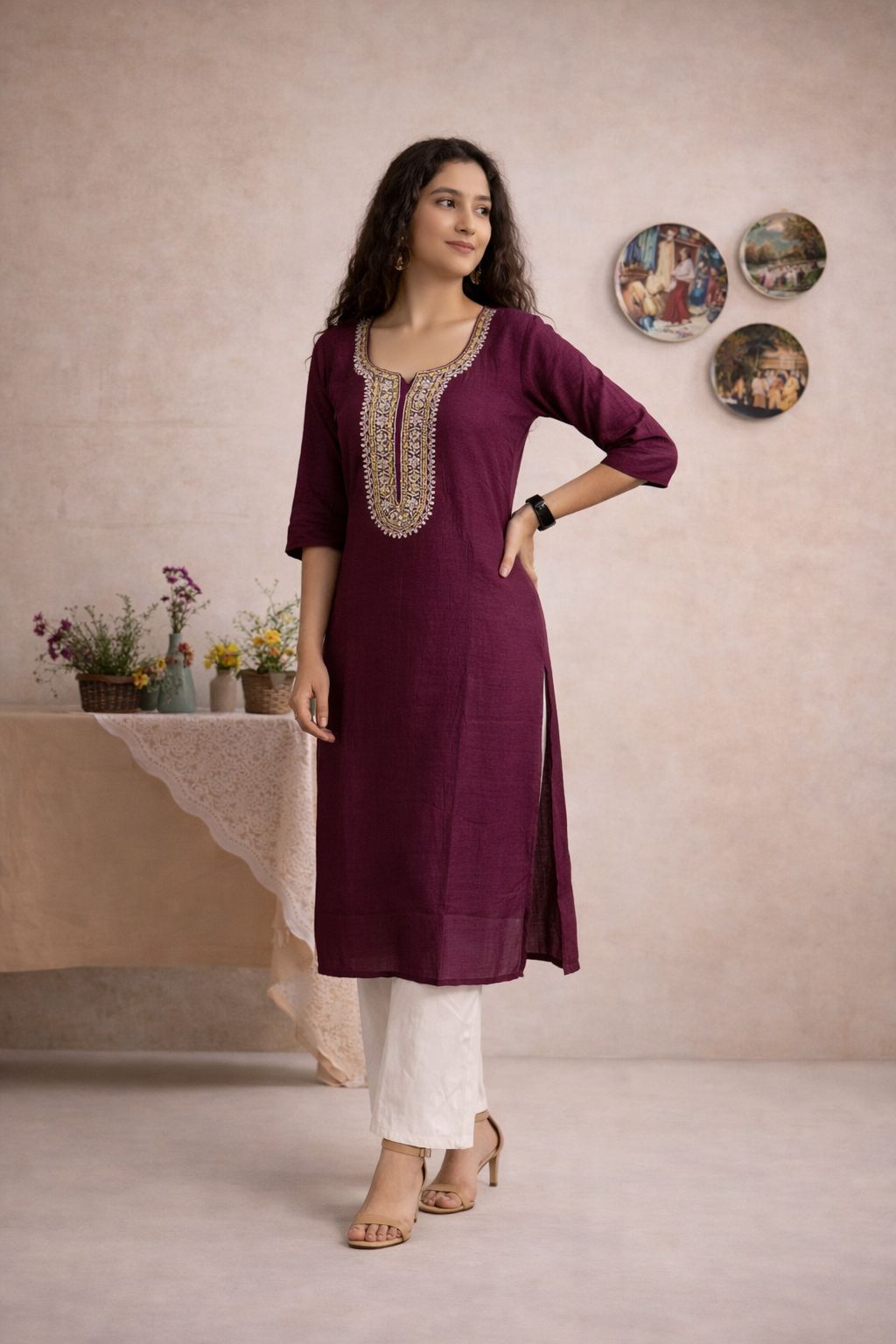 LAEMEEO Wine Embroidered Kurti