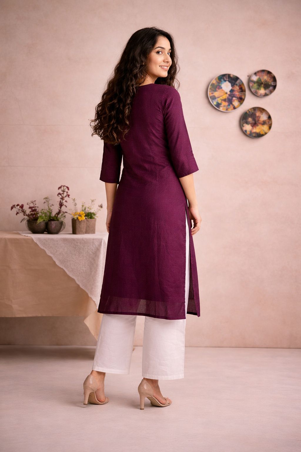 LAEMEEO Wine Embroidered Kurti