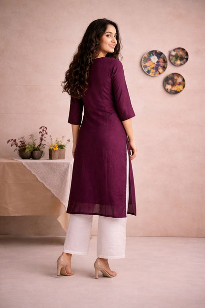 LAEMEEO Wine Embroidered Kurti