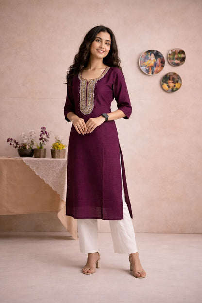 LAEMEEO Wine Embroidered Kurti