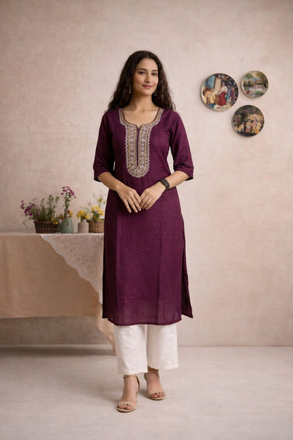 LAEMEEO Wine Embroidered Kurti