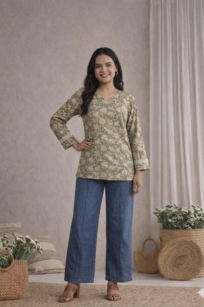 LAEMEEO Sage Green Floral Lace-Up Back Short Kurti