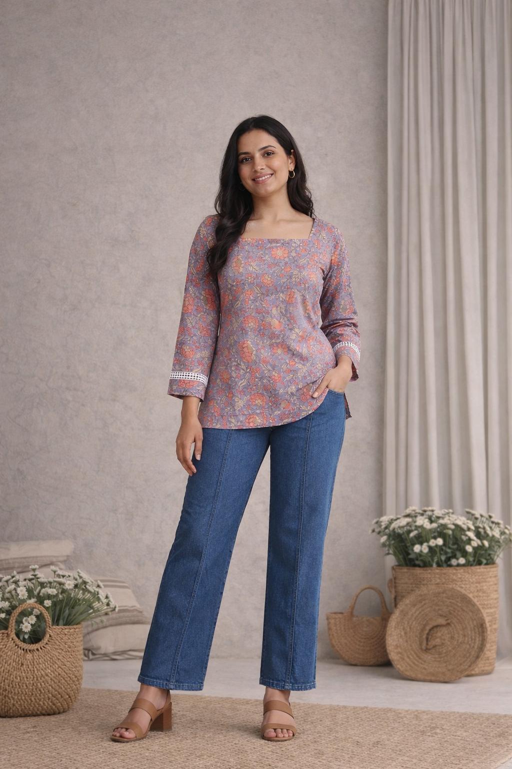 LAEMEEO Mauve Floral Lace-Up Back Short Kurti