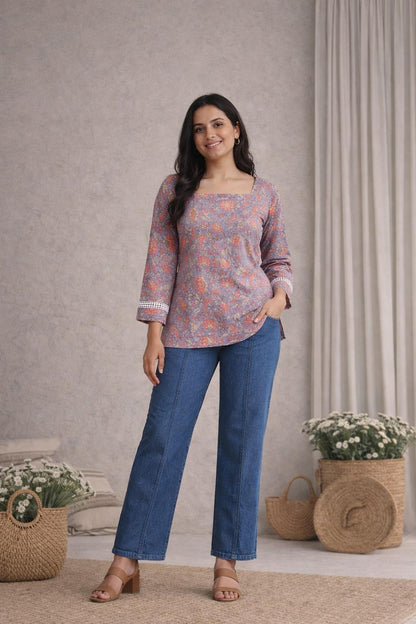LAEMEEO Mauve Floral Lace-Up Back Short Kurti