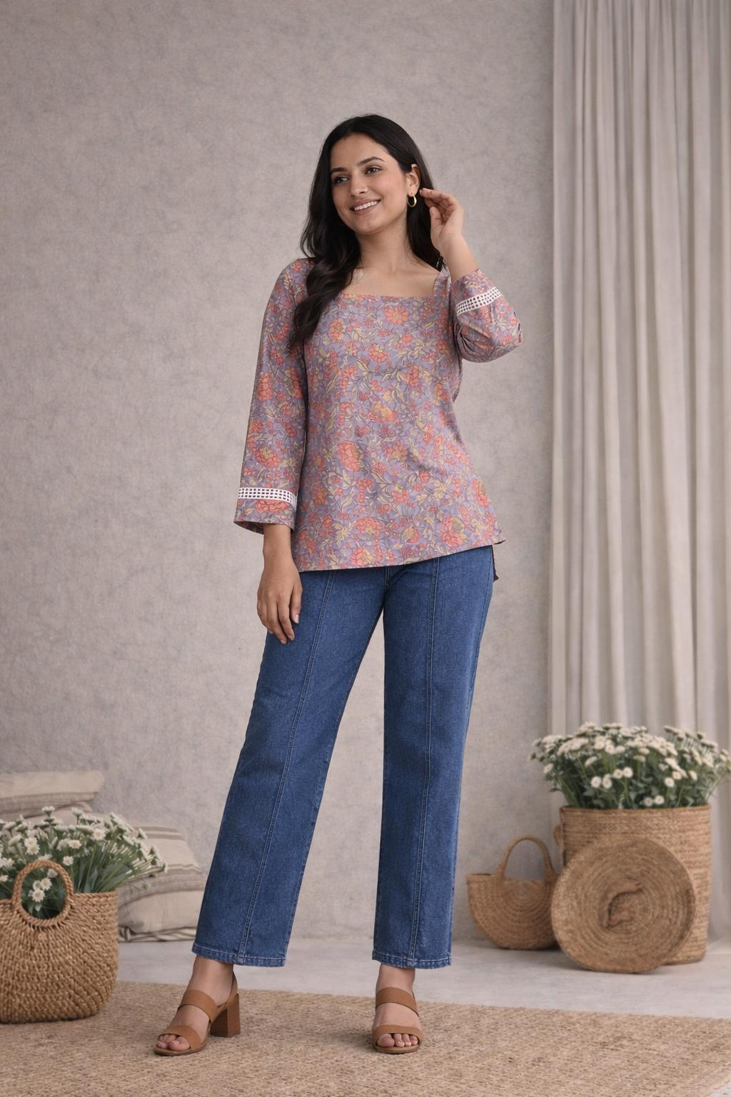 LAEMEEO Mauve Floral Lace-Up Back Short Kurti