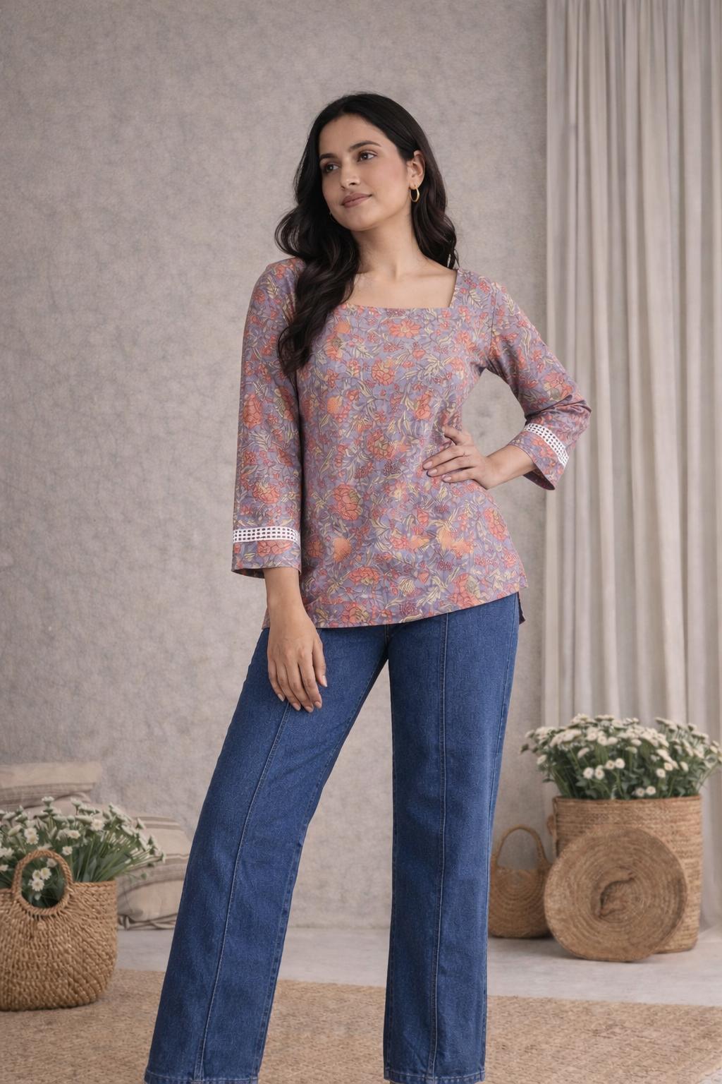 LAEMEEO Mauve Floral Lace-Up Back Short Kurti