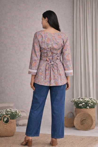 LAEMEEO Mauve Floral Lace-Up Back Short Kurti