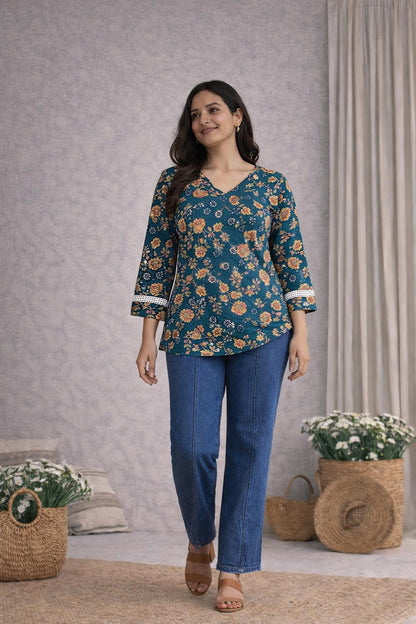 LAEMEEO Teal Floral Lace-Up Back Short Kurti