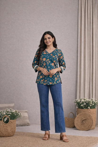 LAEMEEO Teal Floral Lace-Up Back Short Kurti