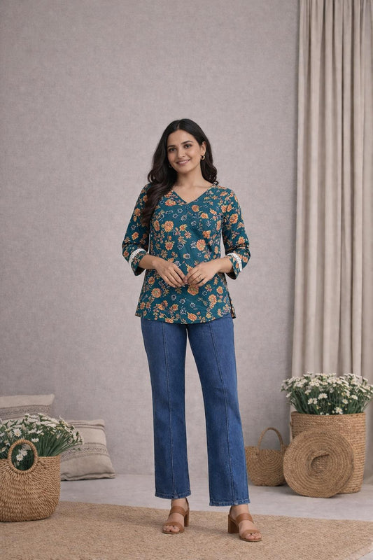 LAEMEEO Teal Floral Lace-Up Back Short Kurti