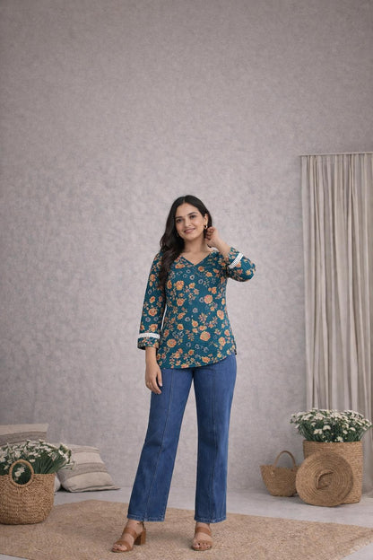 LAEMEEO Teal Floral Lace-Up Back Short Kurti