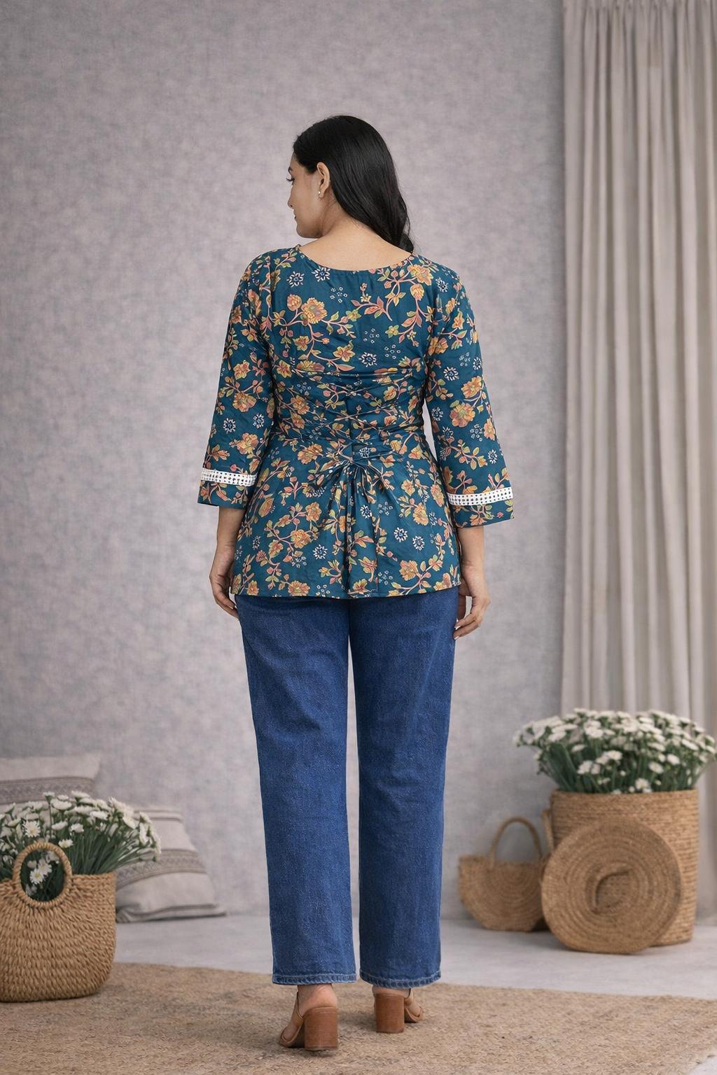 LAEMEEO Teal Floral Lace-Up Back Short Kurti