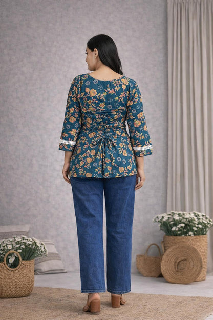 LAEMEEO Teal Floral Lace-Up Back Short Kurti