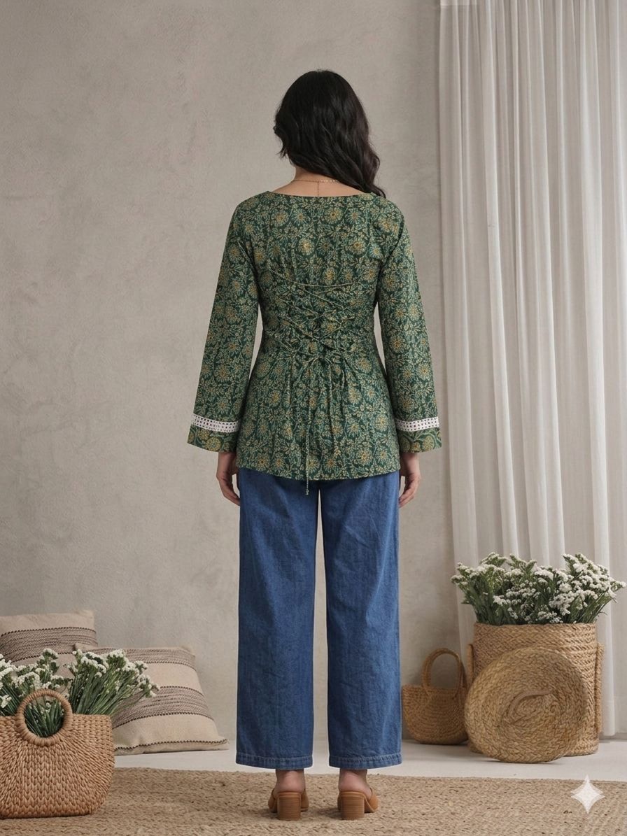 LAEMEEO Dark Green Floral Lace-Up Back Short Kurti