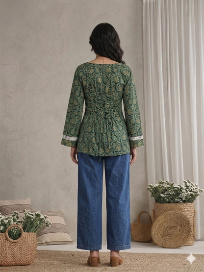 LAEMEEO Dark Green Floral Lace-Up Back Short Kurti