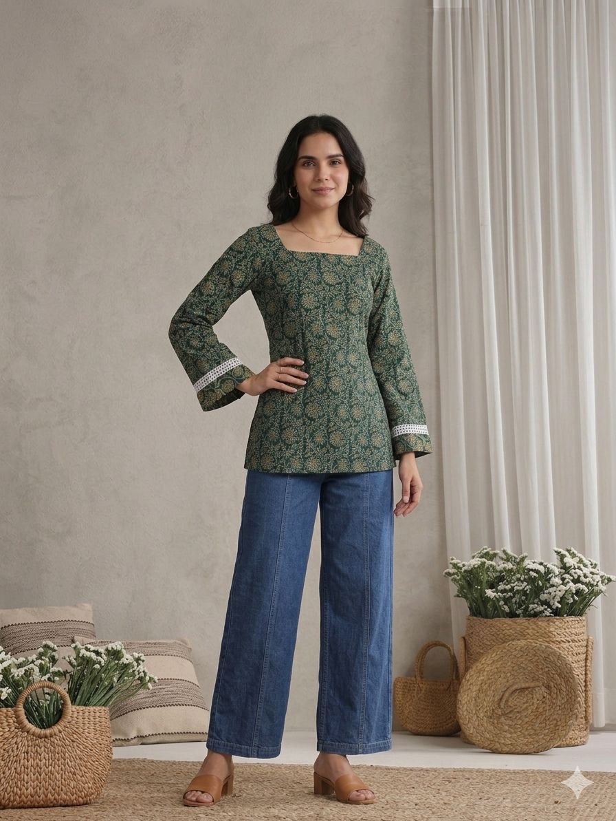 LAEMEEO Dark Green Floral Lace-Up Back Short Kurti