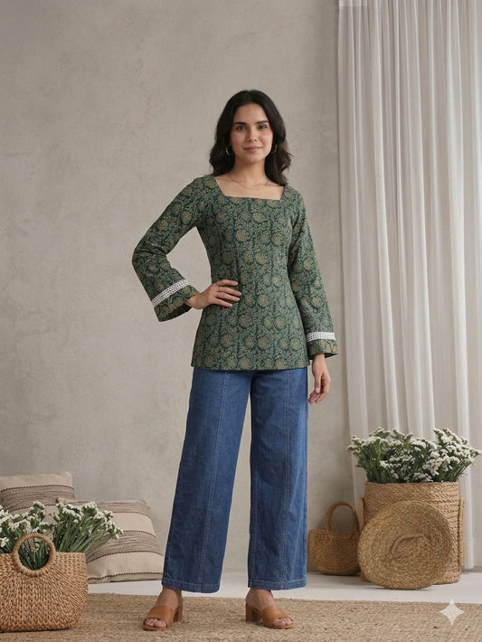 LAEMEEO Dark Green Floral Lace-Up Back Short Kurti