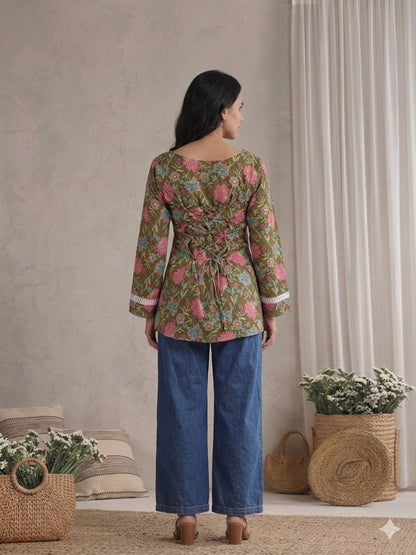 LAEMEEO Olive Floral Lace-Up Back Short Kurti