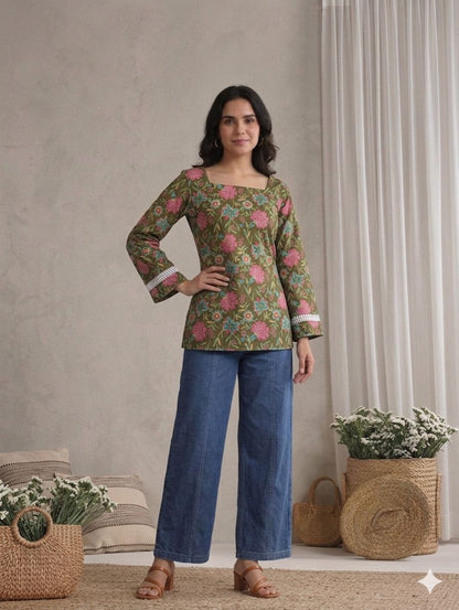 LAEMEEO Olive Floral Lace-Up Back Short Kurti