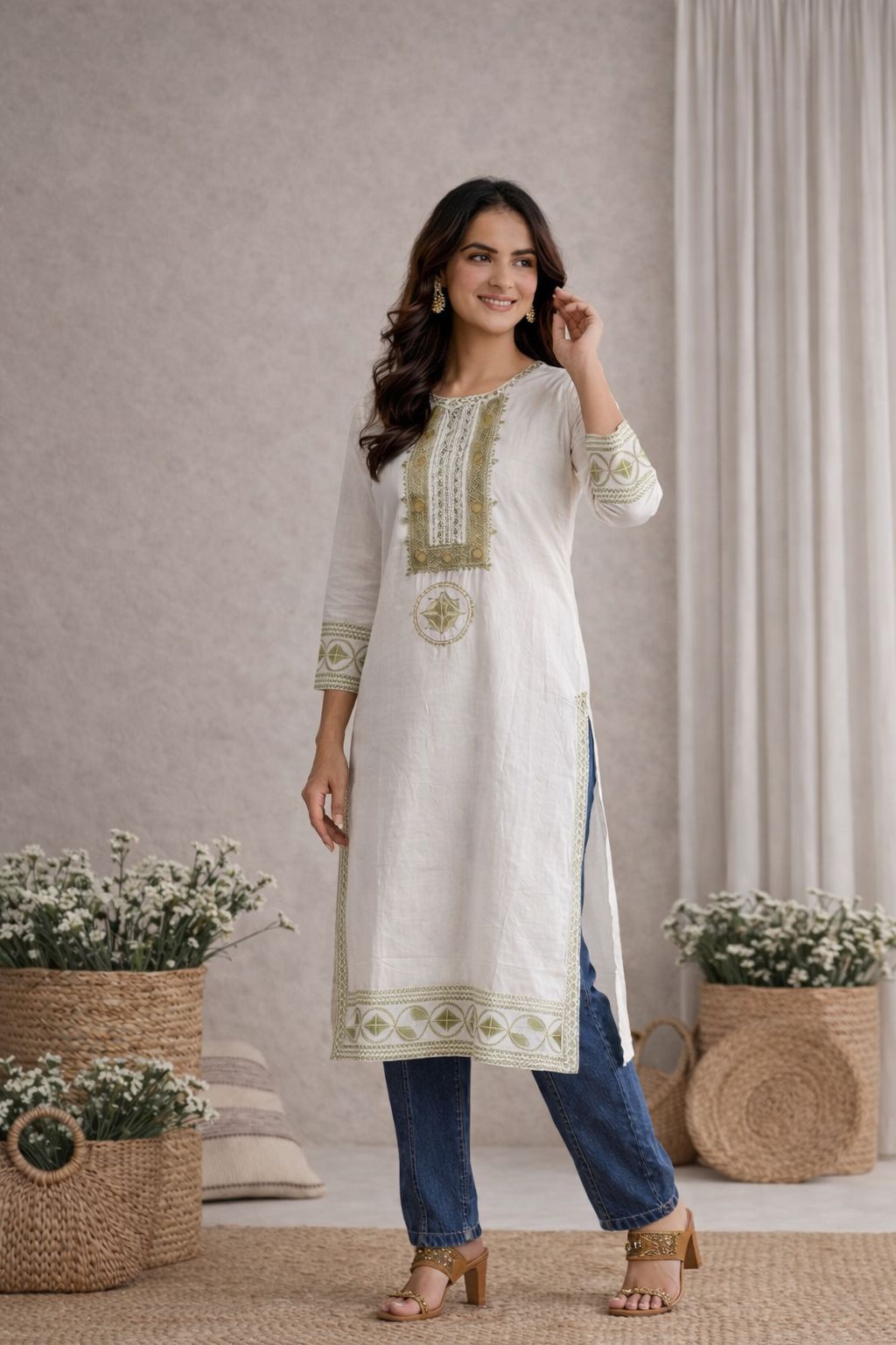 LAEMEEO Women Pure Cotton Embroidered Kurta