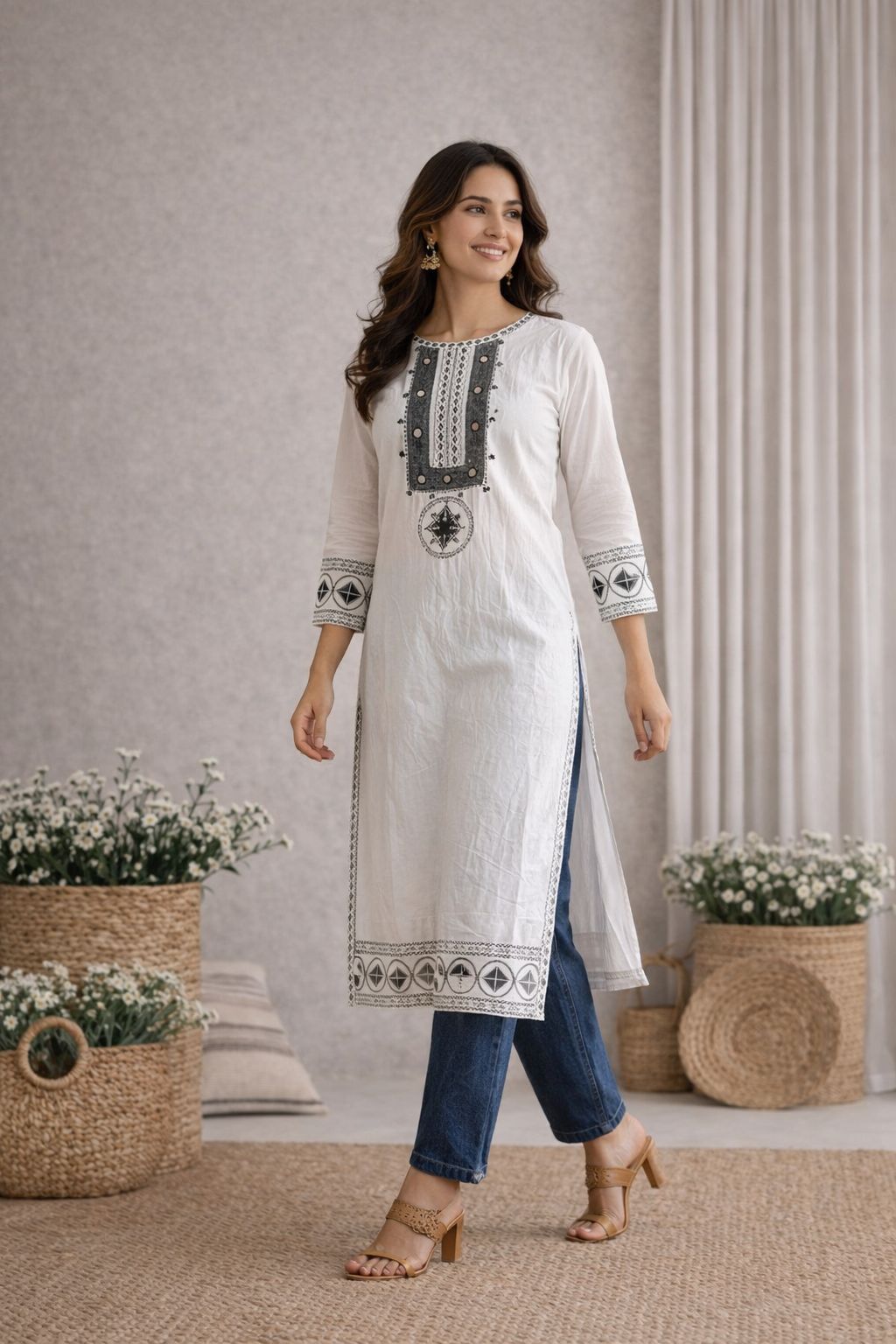 LAEMEEO Women Pure Cotton Embroidered Kurta