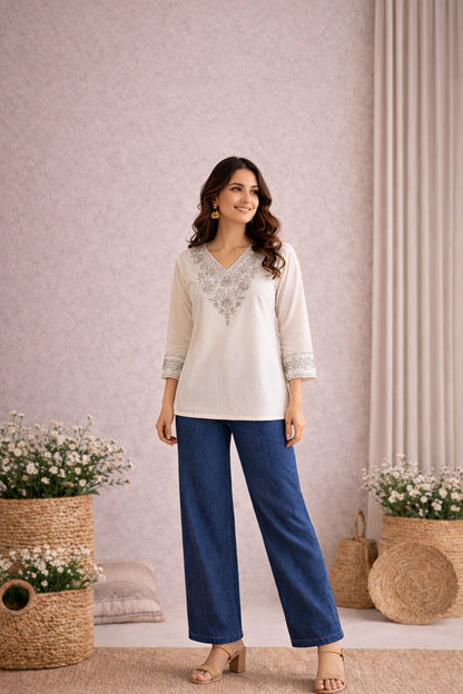 LAEMEEO Women's Cotton Embroidered Short Kurta