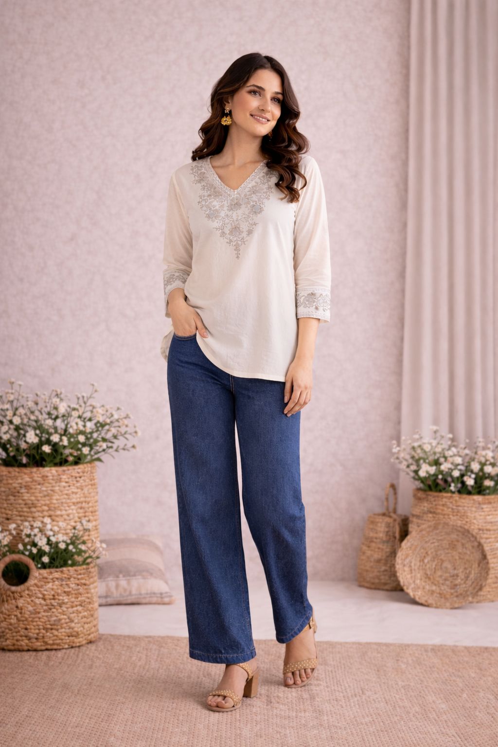 LAEMEEO Women's Cotton Embroidered Short Kurta