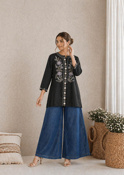 LAEMEEO Black Embroidered Cotton Kurta Top