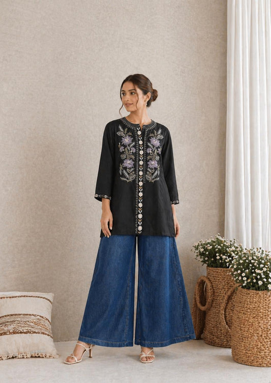 LAEMEEO Black Embroidered Cotton Kurta Top