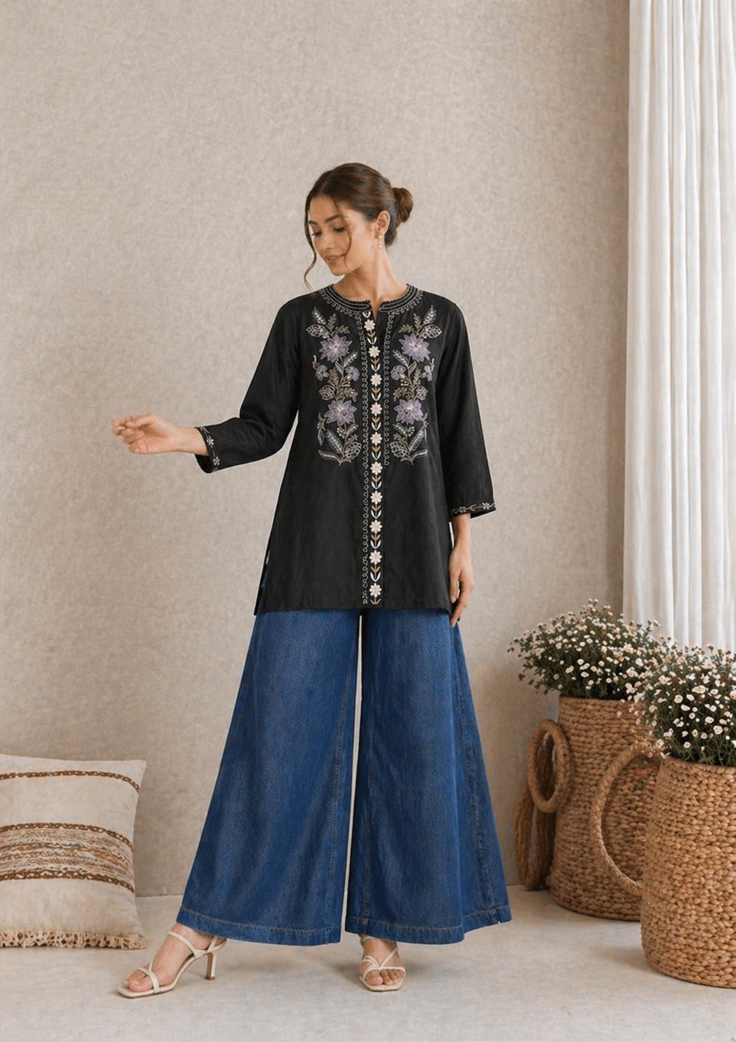 LAEMEEO Black Embroidered Cotton Kurta Top