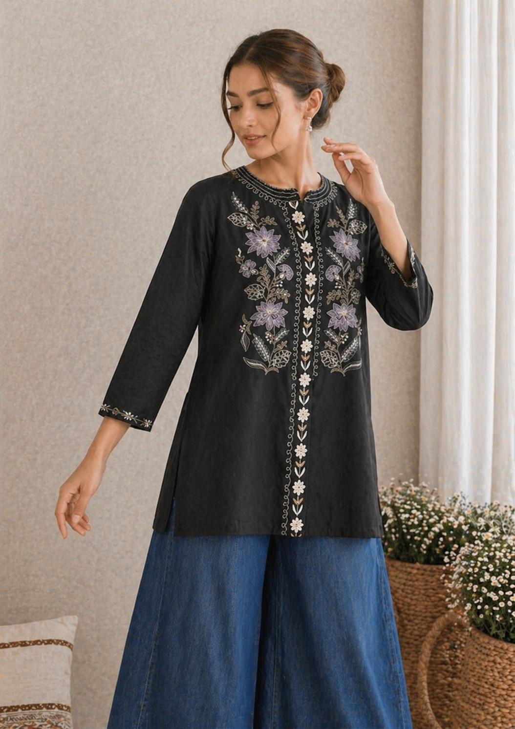 LAEMEEO Black Embroidered Cotton Kurta Top