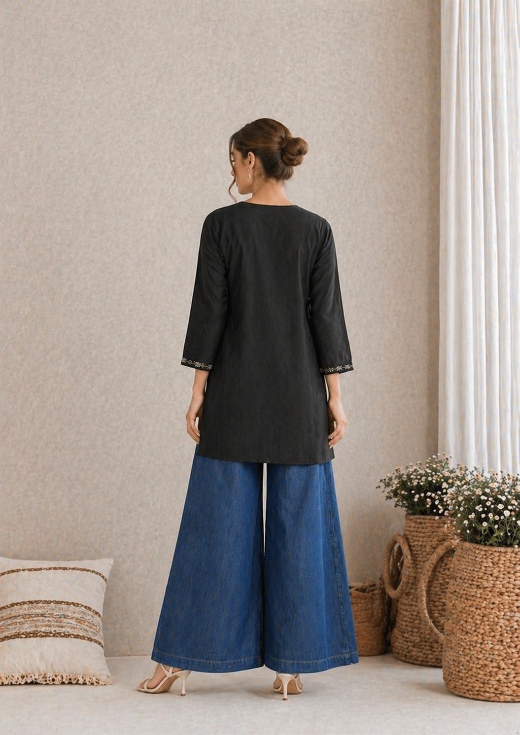 LAEMEEO Black Embroidered Cotton Kurta Top