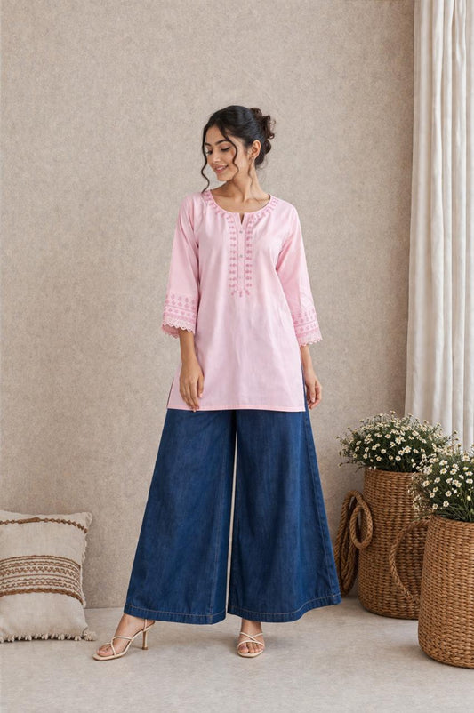 LAMEEO Women’s Pure Cotton Embroidered Short Kurti Top