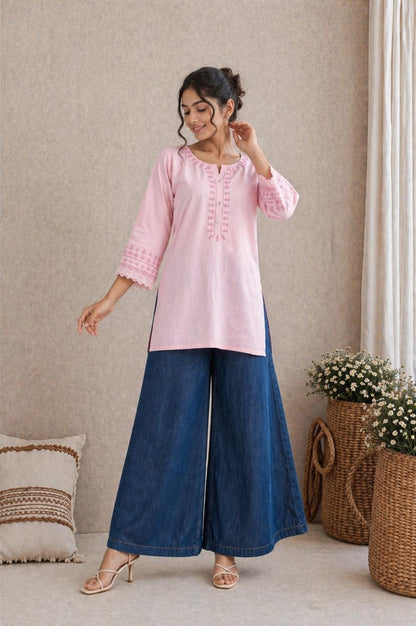 LAMEEO Women’s Pure Cotton Embroidered Short Kurti Top