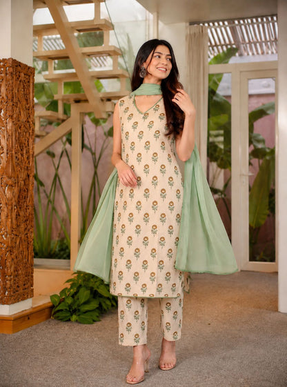 LAEMEEO Women's Floral Printed V-Neck Pure Cotton Kurta With Pant And Dupatta