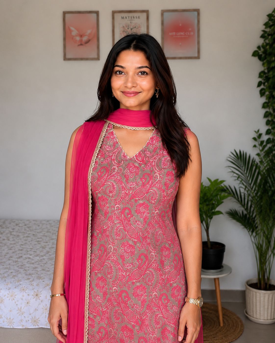 LAEMEEO Womens's Paisley Printed V-Neck Sleeveless Kurta with Palazzos & With Dupatta