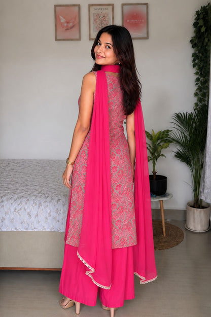 LAEMEEO Womens's Paisley Printed V-Neck Sleeveless Kurta with Palazzos & With Dupatta