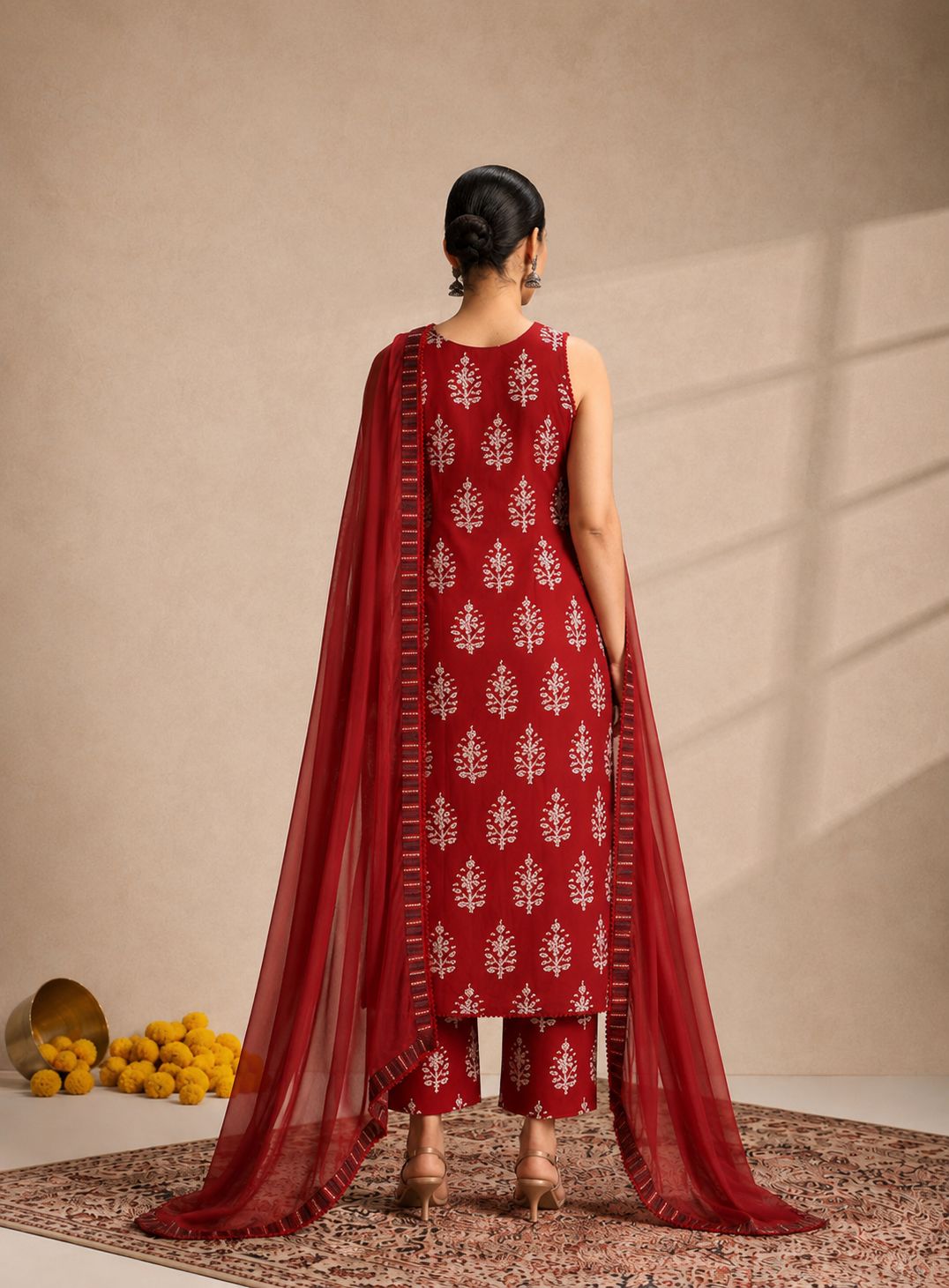 LAEMEEO Women's Floral Printed V-Neck Pure Cotton Straight Kurta With Pant & Dupatta