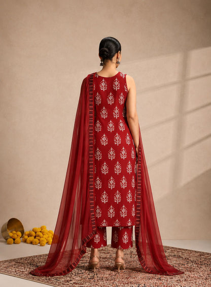LAEMEEO Women's Floral Printed V-Neck Pure Cotton Straight Kurta With Pant & Dupatta