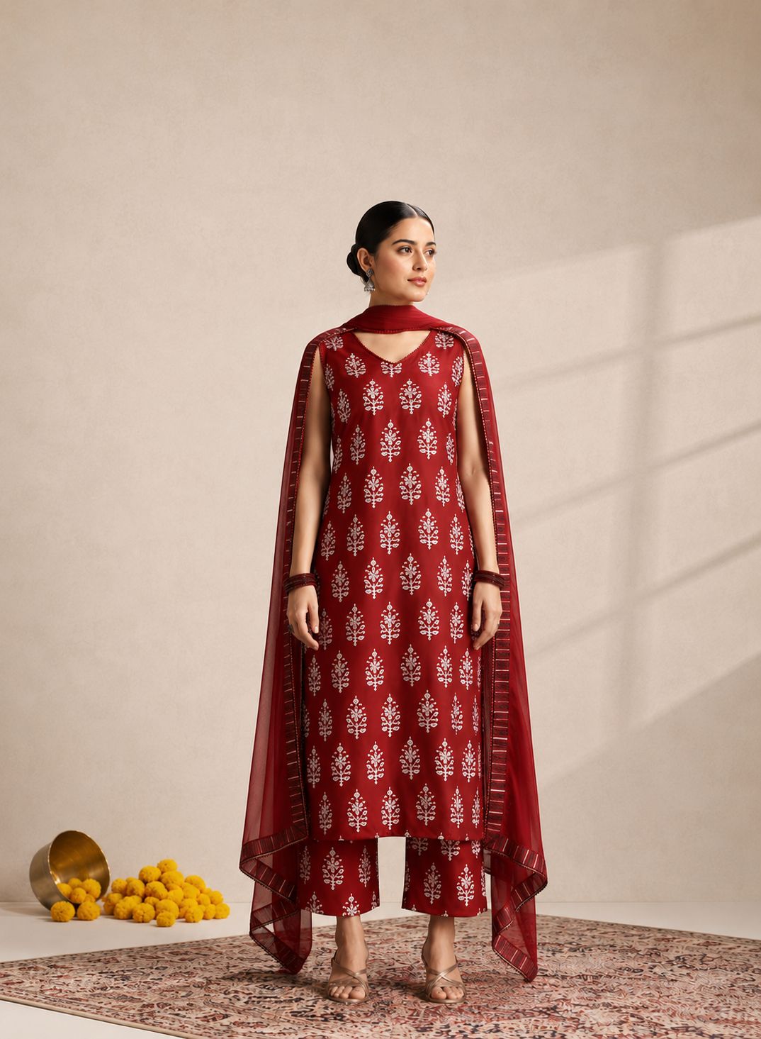 LAEMEEO Women's Floral Printed V-Neck Pure Cotton Straight Kurta With Pant & Dupatta