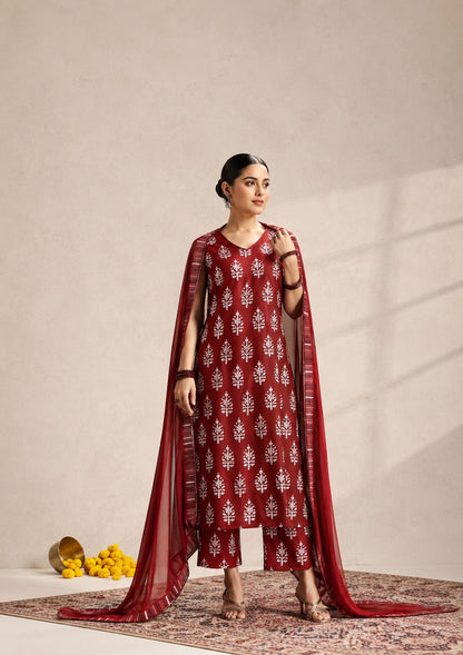 LAEMEEO Women's Floral Printed V-Neck Pure Cotton Straight Kurta With Pant & Dupatta