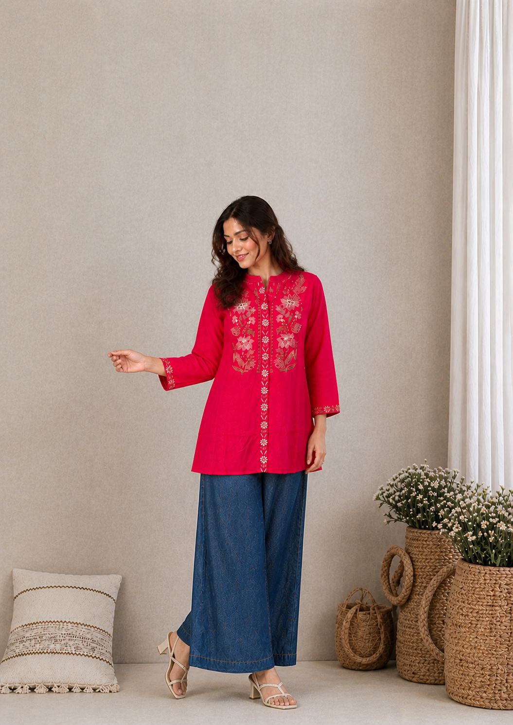 LAEMEEO Pink Cotton Embroidered Short top