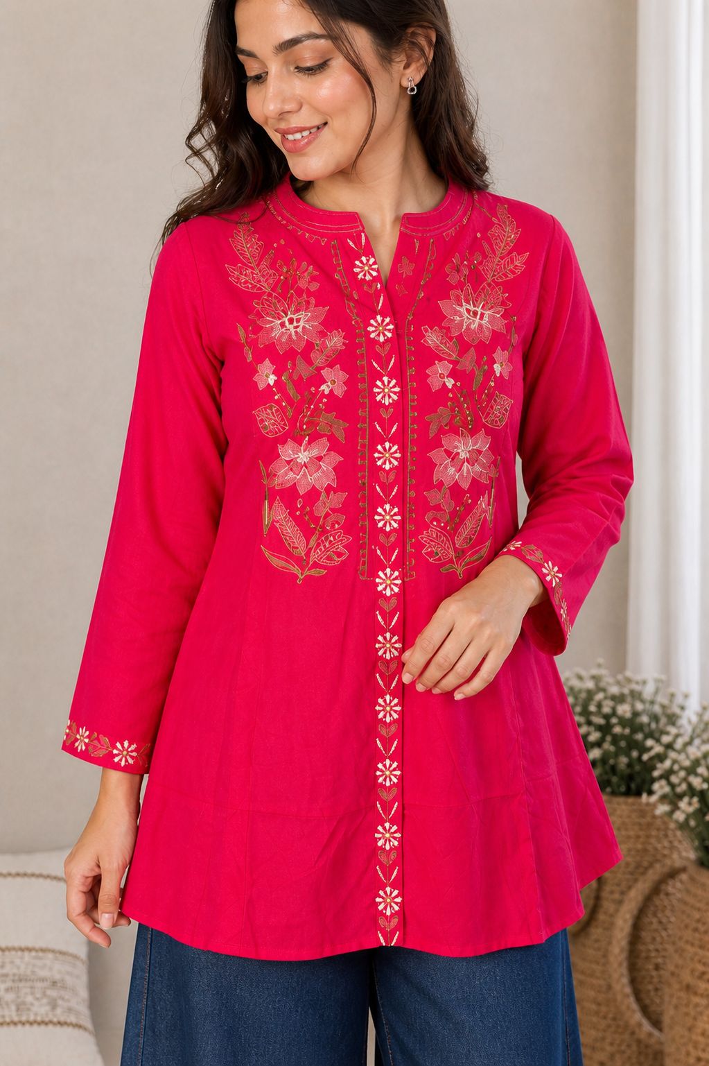 LAEMEEO Pink Cotton Embroidered Short top