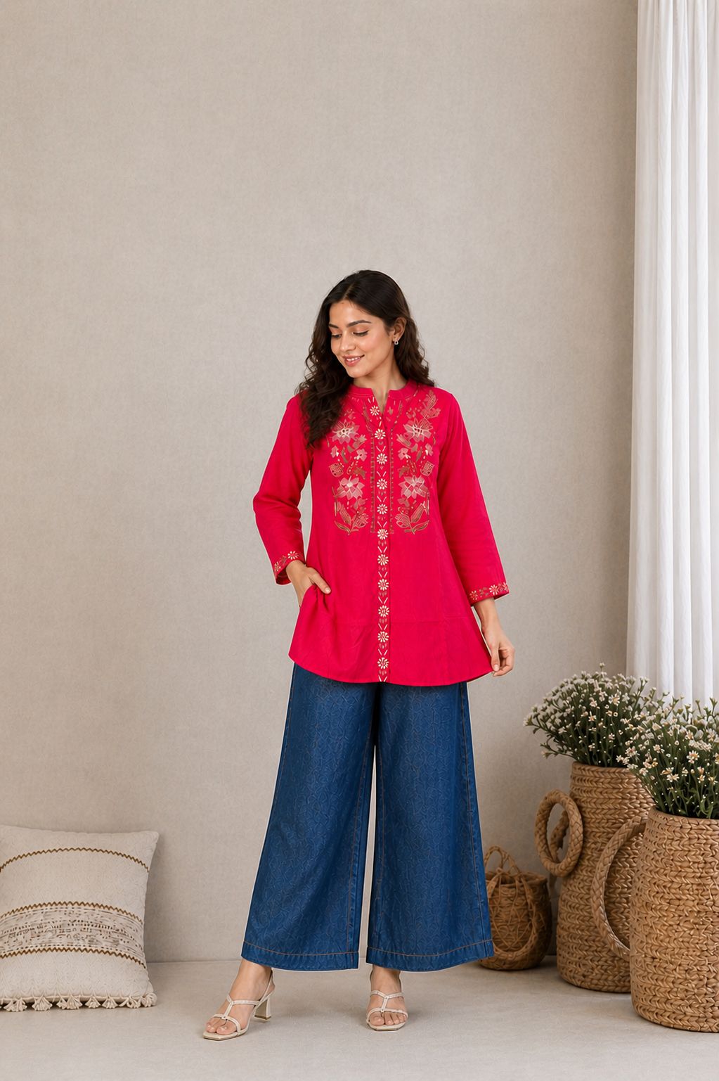 LAEMEEO Pink Cotton Embroidered Short top