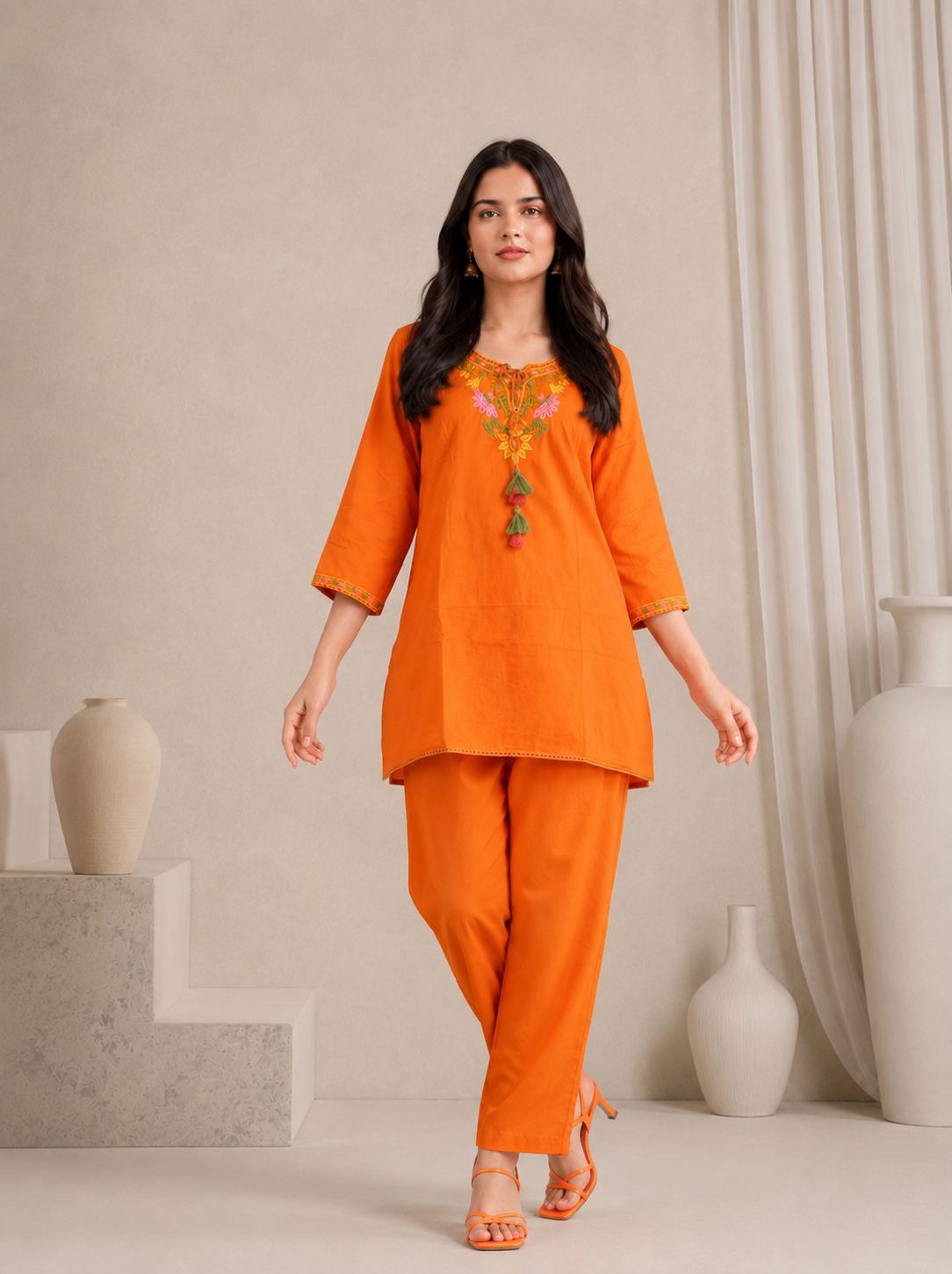 LAEMEEO Orange Cotton Kurta with Pants Set