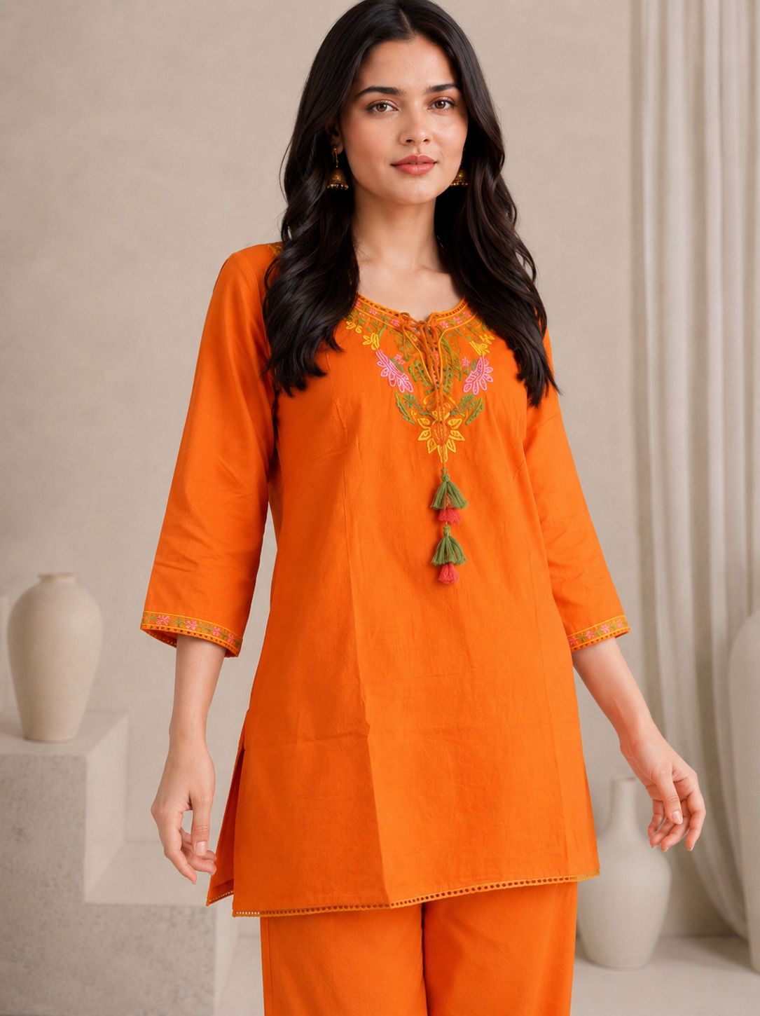 LAEMEEO Orange Cotton Kurta with Pants Set