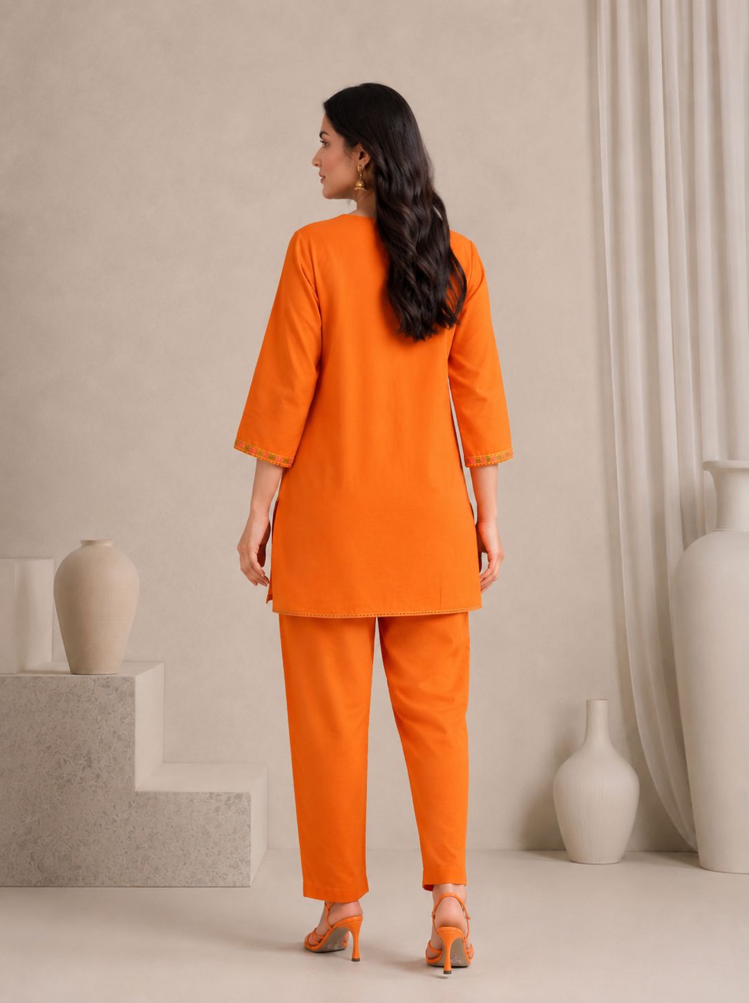 LAEMEEO Orange Cotton Kurta with Pants Set