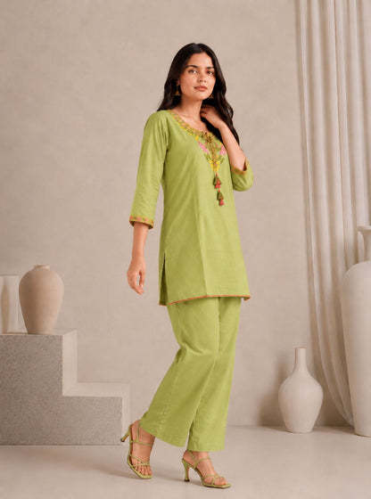 LAEMEEO Green Cotton Kurta with Pants Set